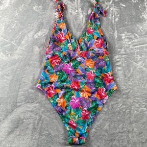 Swimsuits For All Womens 16 Multicolor Floral Print Padded High Nut V-neck 1pc